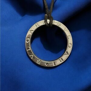 Elegant Bvlgari Silver Circle Engraved Pendant Necklace